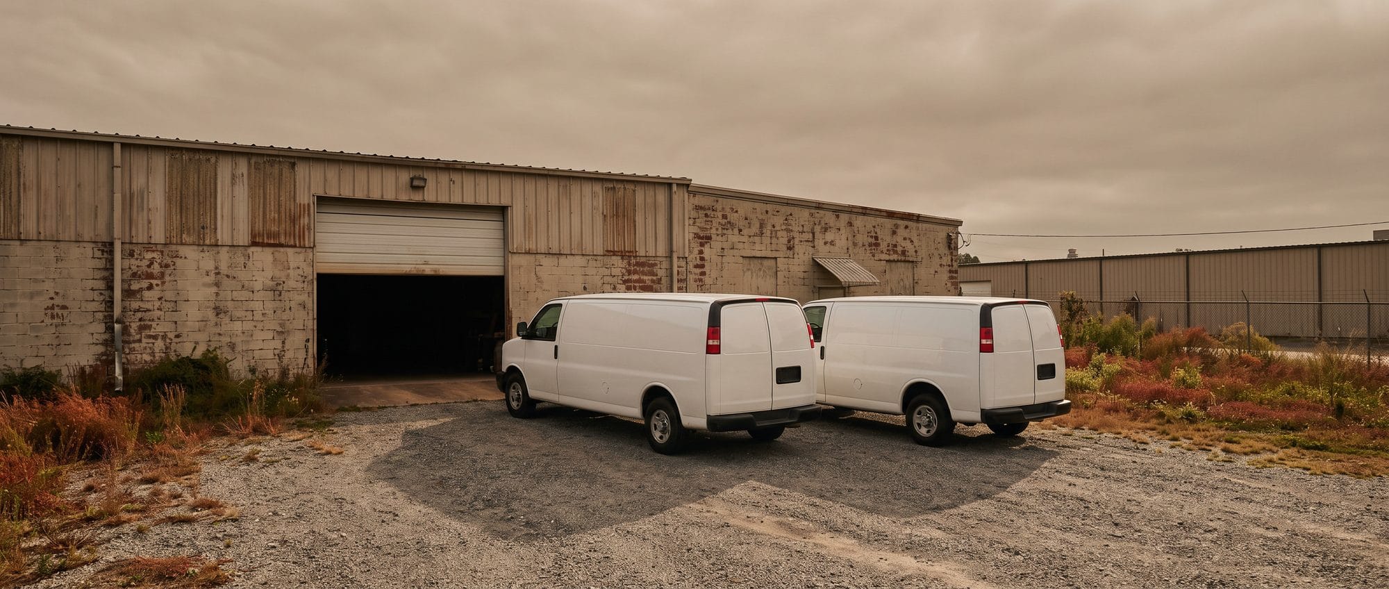 Two service vans parked nose-out on a gravel lot at the end of the day, a shop bay door half open behind them.