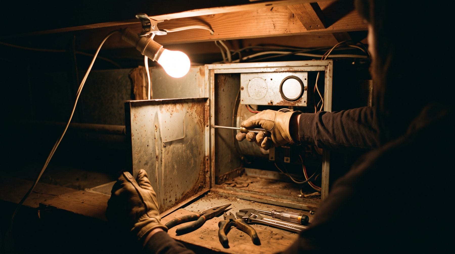 A work light throwing a hard pool of light across the open front of an air handler in a dark crawlspace.