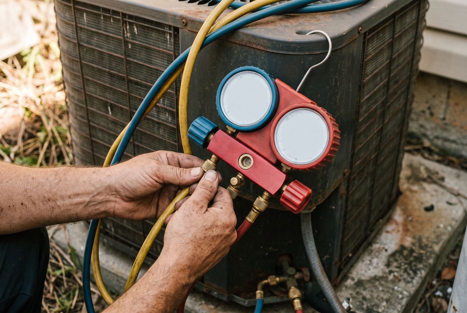 A manifold gauge set hooked to the service valves of an outdoor unit with the hoses draped over the housing.