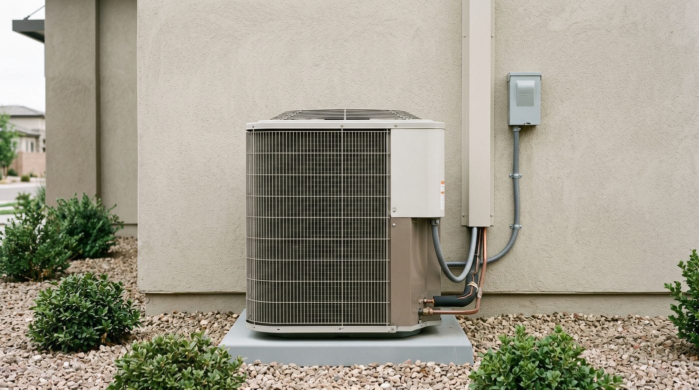A newly set outdoor condensing unit on a level pad with the line set and disconnect run neatly to the wall.
