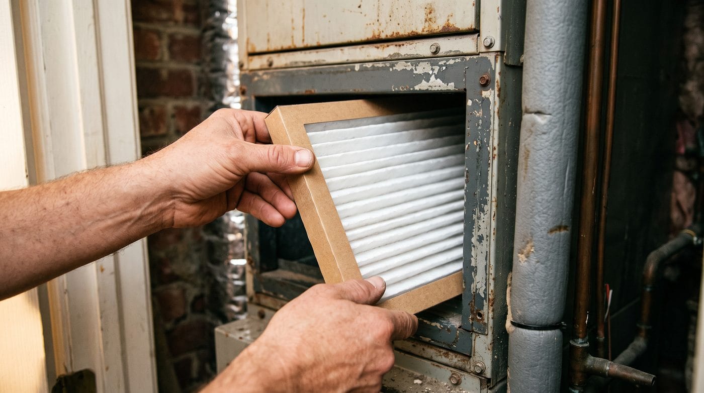 Hands sliding a clean pleated filter into the return cabinet of an air handler in a utility closet.
