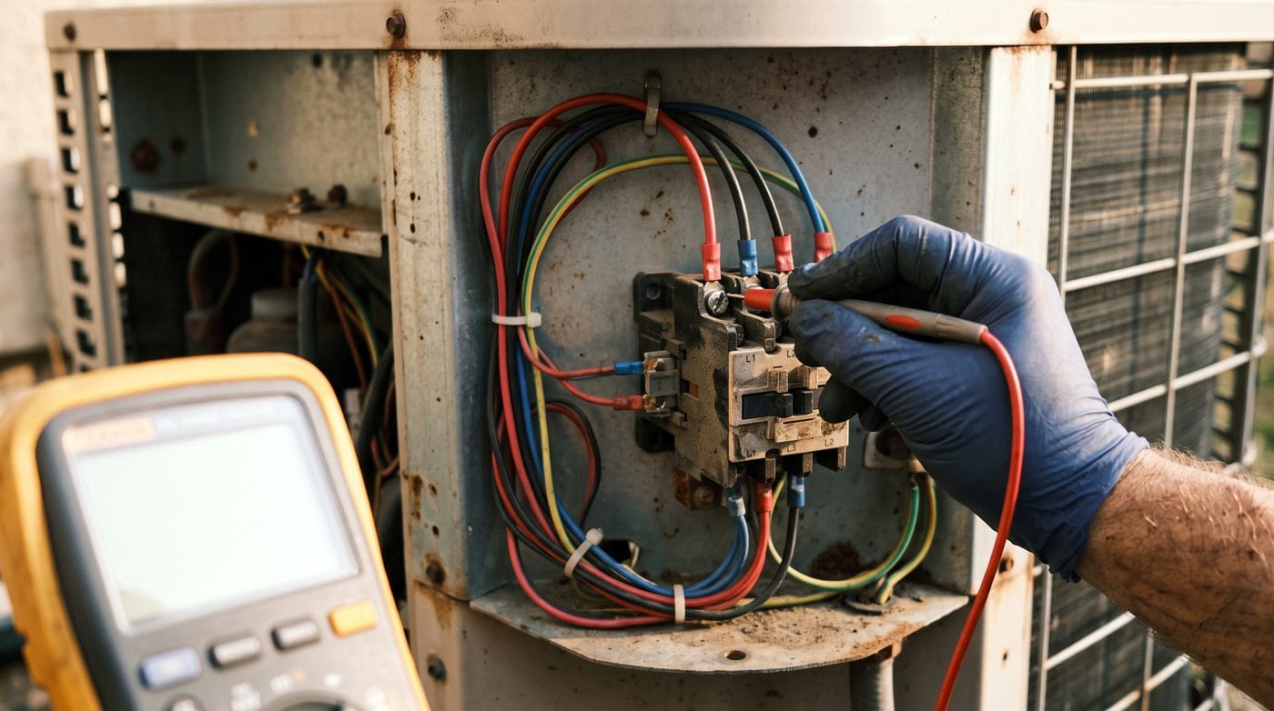 A meter probe held against a contactor inside the opened electrical compartment of an outdoor unit.