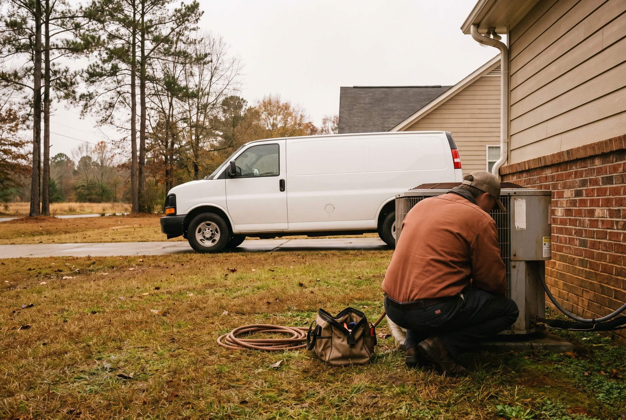 A technician crouched at an outdoor condensing unit beside a house, with a service van at the kerb behind him.