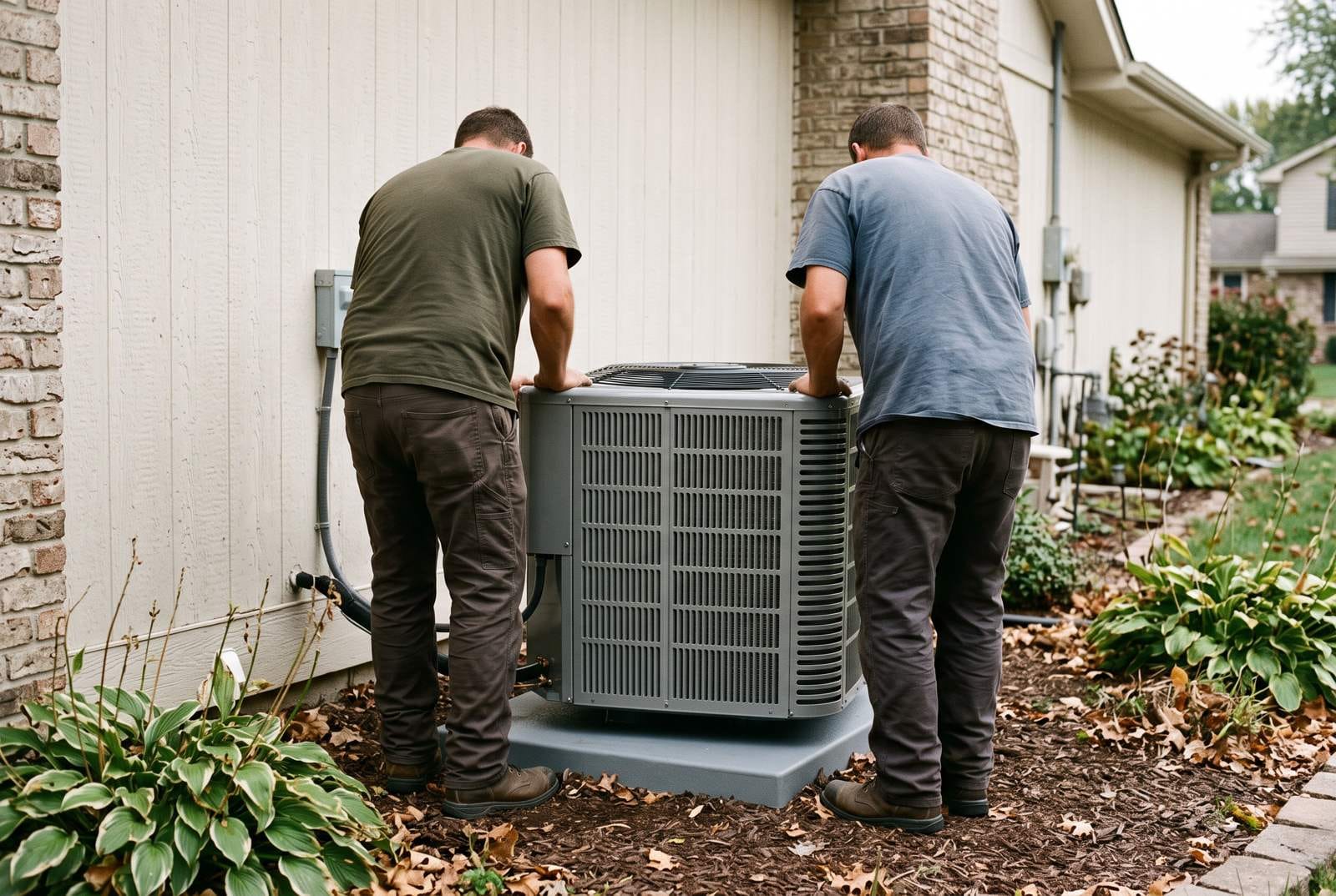 Two technicians setting a new outdoor condensing unit onto a fresh pad beside a house.