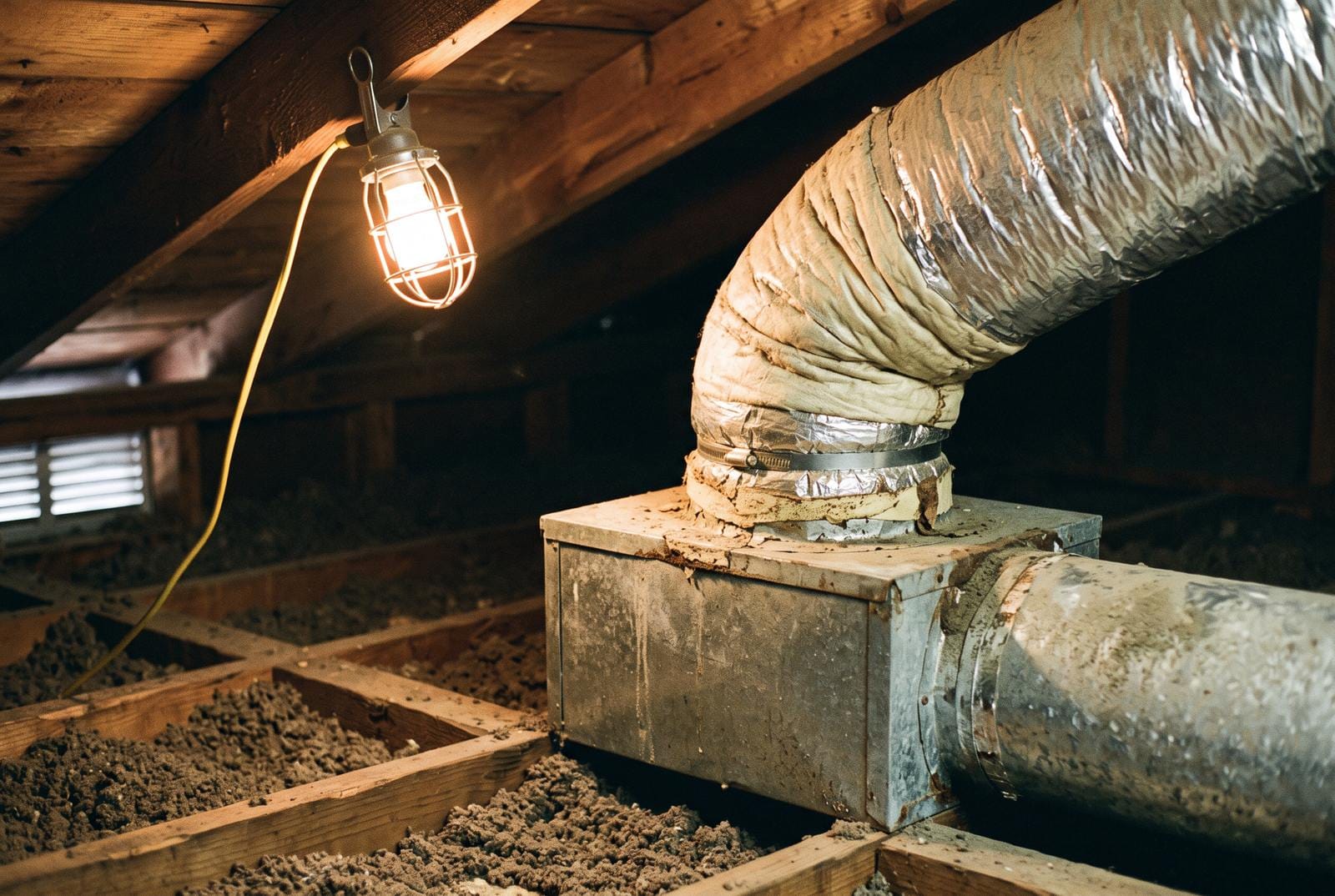 A work light hooked over a rafter lighting a run of insulated flexible duct and the plenum it lands on.
