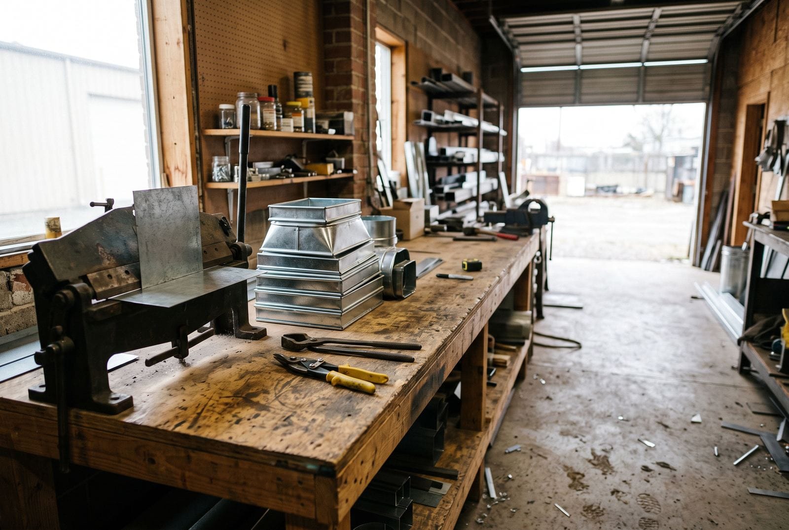 A fabrication bench in a small shop with a sheet-metal brake and folded duct transitions stacked on it.